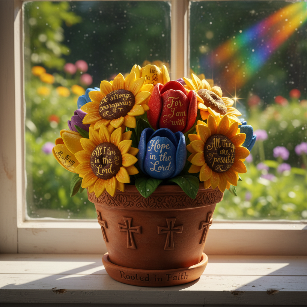 A delightfully whimsical, round terracotta flowerpot overflowing with vividly colored, cartoonish sunflowers and tulips, each blossom subtly inscribed with encouraging Bible verses in elegant, curling type. The pot is perched on a whimsical wooden windowsill, bathed in a stream of radiant midday sunlight. The window glass is streaked with gentle rainbow reflections and overlooks a softly blurred garden beyond. The scene radiates a joyful and energetic tone, captured from a close-up, three-quarters angle that emphasizes lush color and rounded floral forms. The composition uses the rule of thirds, with the pot slightly off-center, and features a crisp, photographic realism with vibrant, high-contrast touches, perfectly embodying the playful encouragement of Christian living.