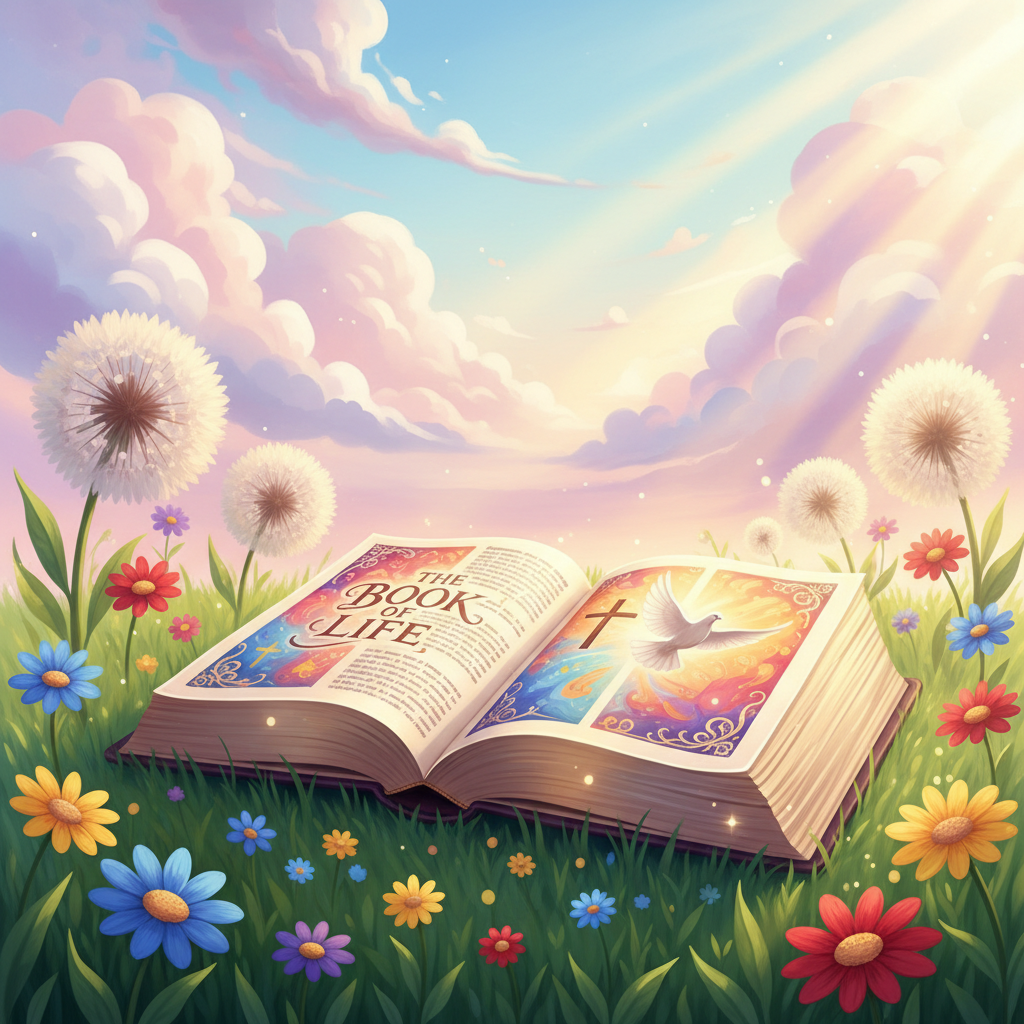 A vibrant, sun-kissed, oversized illustrated open Bible resting atop a lush, soft patch of green grass decorated with whimsical, oversized dandelions and bright wildflowers. The scene is set outside beneath the wide expanse of a pastel sky, with a watercolor swirl of clouds above. Rays of gentle, golden morning sunlight filter in from the right, creating playful highlights on the glossy, colorful book cover and softly illuminating the rounded page edges. The mood is uplifting, energetic, and full of wonder, inviting exploration and warmth. Shot from a slightly elevated, eye-level perspective using shallow depth of field, the image is balanced by the central placement of the Bible, with vibrant, high-saturation colors and rounded forms in a photographic realism style that echoes the playful spirit of Christian inspiration.