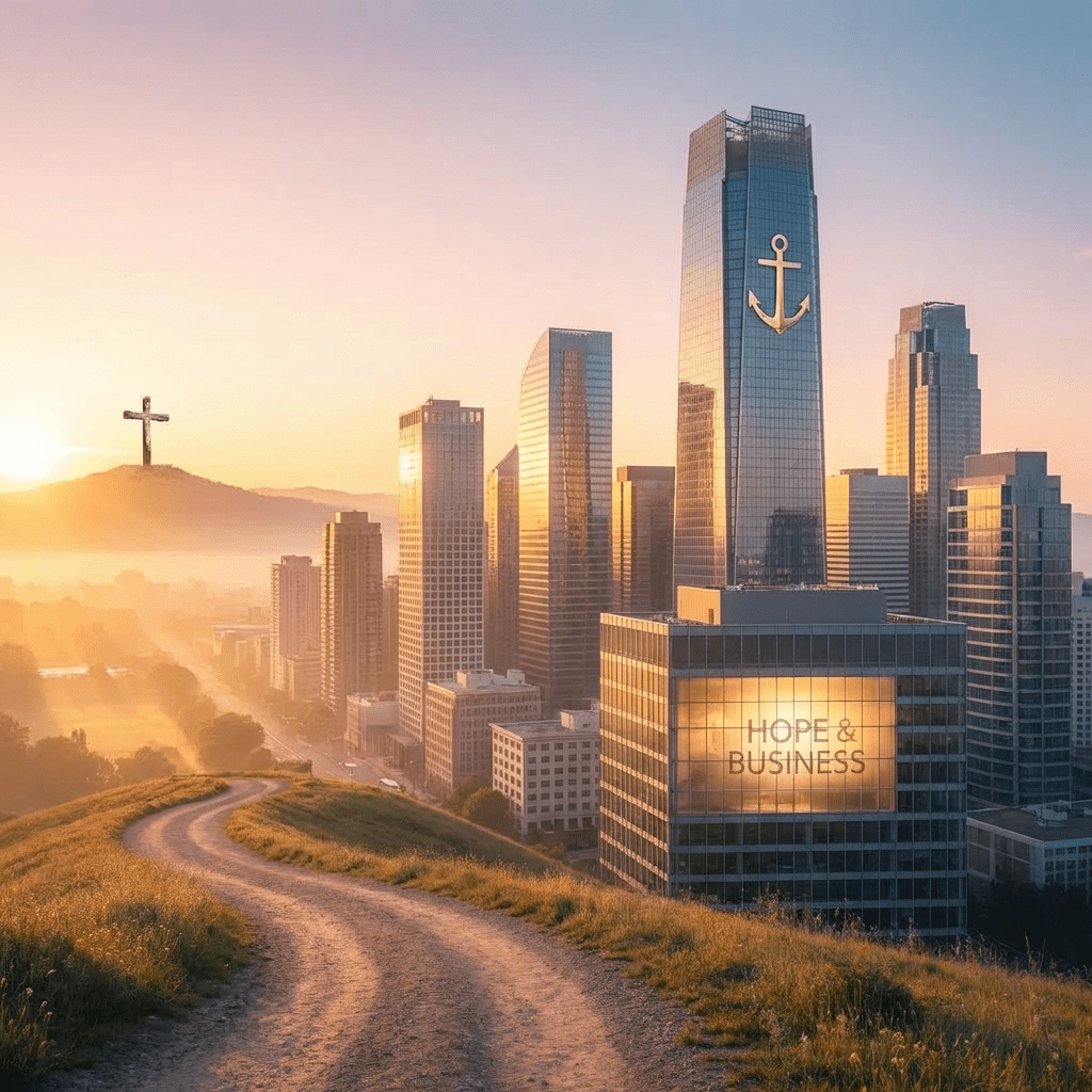 City skyline at sunrise featuring a cross, anchor logo, and text HOPE & BUSINESS.
